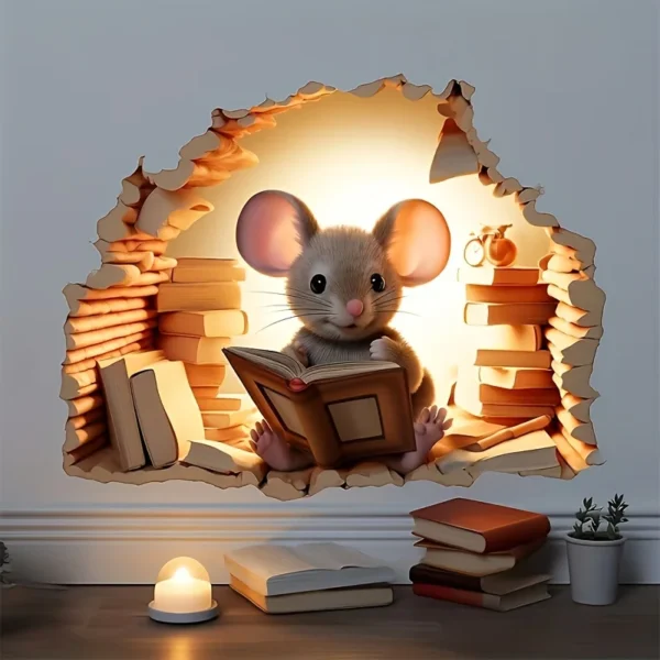 3D Reading Mouse Wall Stickers Cute Cartoon Animal Pattern Vinyl Decals Living Room Bedroom Bathroom Office Home Decoration - Image 2