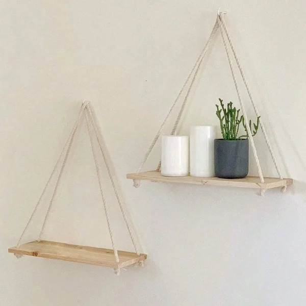 1PCS Wall decoration hanging rope flower pot storage rack wall hanging wooden storage rack, hanging decoration, home decoration - Image 3