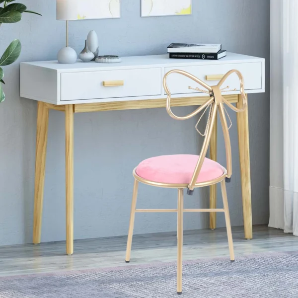 Vanity Stool Chair for Makeup Modern Velvet Butterfly Accent Chair Pink Cute Girls Bow Knot Backrest Chair Bedroom Home Decor - Image 5