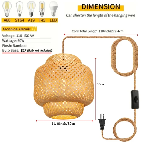 Bamboo Lantern pendent light Natural Rattan Wicker E27 Bulb Chandeliers pendent lamp Restaurant Home Decor AC85-260V - Image 6