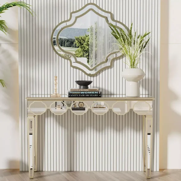 LUVODI Modern Glass Console Table Furniture Room Decor Entryway Mirrored Table with Gold Rim Lantern-like Edge - Image 2