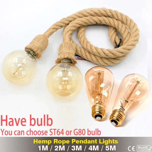 Retro Hemp Rope Pendant Light AC90-260V Vintage E27 LED Light Bulb Pendant Lamp Industrial Lamp Loft Home For Decor HangLamp - Image 4