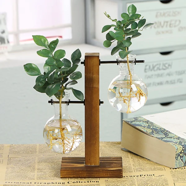 Glass Desktop Planter Bulb Vase Wooden Stand Hydroponic Plant Container Decor Living Room Office Plant Propagation Station - Image 5