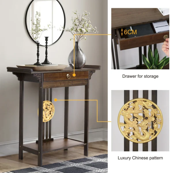 Wisfor Vintage Rustic Console Table Hall Console Table Luxurious Totem Decor with Pull Drawer & Shelf Living Room Furniture - Image 5