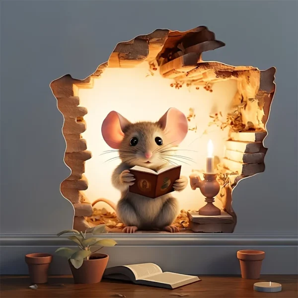 3D Reading Mouse Wall Stickers Cute Cartoon Animal Pattern Vinyl Decals Living Room Bedroom Bathroom Office Home Decoration - Image 4