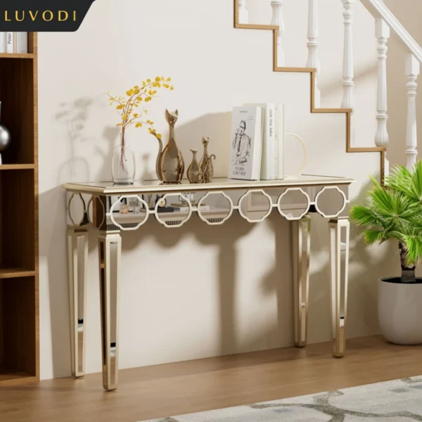 LUVODI Modern Glass Console Table Furniture Room Decor Entryway Mirrored Table with Gold Rim Lantern-like Edge - Image 3