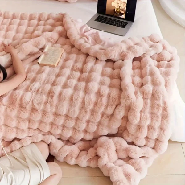 1 pc solid colored thickened blanket for warmth, artificial rabbit hair plush blanket, bed blanket, outdoor camping blanke - Image 5