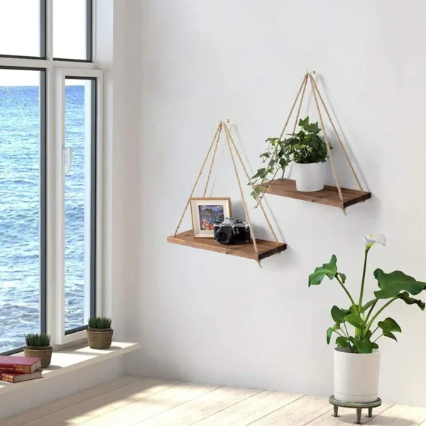 1PC Wooden Swing Hanging Hemp Rope Wall Shelve Mounted Floating Home Living Room Plant Flower Pot Tray Storage Garden Decoration - Image 2