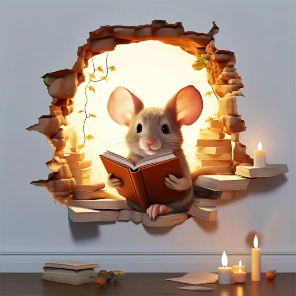 3D Reading Mouse Wall Stickers Cute Cartoon Animal Pattern Vinyl Decals Living Room Bedroom Bathroom Office Home Decoration - Image 5