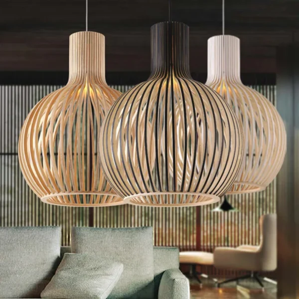 Modern Chinese Restaurant Wooden Art LED Lights Creative Birdcage Living Room Home Decoration Dining Table Lighting Pendant Lamp