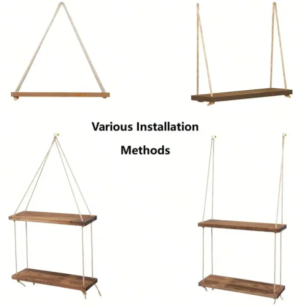 1PC Wooden Swing Hanging Hemp Rope Wall Shelve Mounted Floating Home Living Room Plant Flower Pot Tray Storage Garden Decoration - Image 6