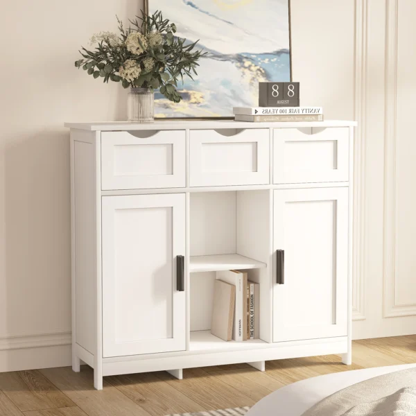 White Wooden Floor Storage Cabinet with Drawers and Shelves,Accent Cabinet for Living Room,Bedroom,Bathroom Furniture Home Decor - Image 3