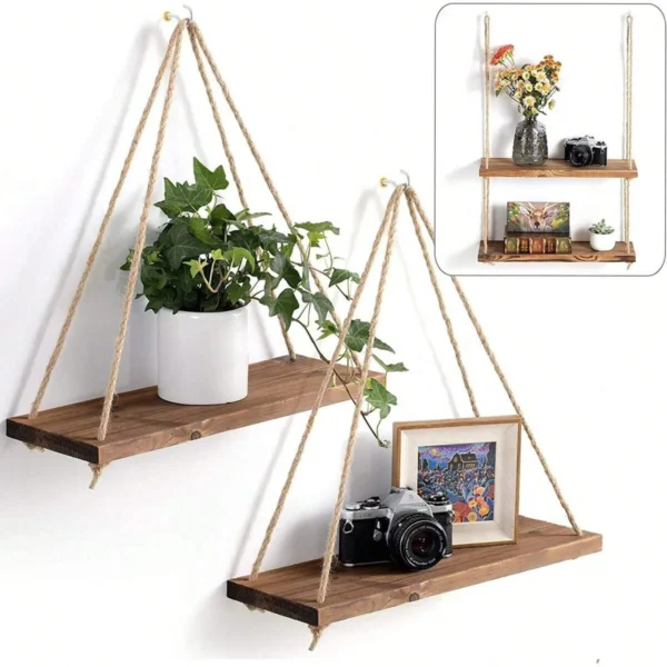 1PCS Wall decoration hanging rope flower pot storage rack wall hanging wooden storage rack, hanging decoration, home decoration