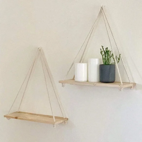 1PC Wooden Swing Hanging Hemp Rope Wall Shelve Mounted Floating Home Living Room Plant Flower Pot Tray Storage Garden Decoration - Image 3