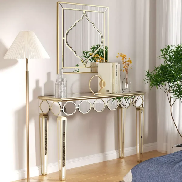 LUVODI Modern Glass Console Table Furniture Room Decor Entryway Mirrored Table with Gold Rim Lantern-like Edge